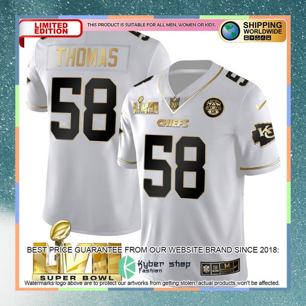 Derrick Thomas 58 Super Bowl LVII Kansas City Chiefs White GOLD Football Jersey 3 derrick thomas 58 super bowl lvii kansas city chiefs white gold football jersey 1 438
