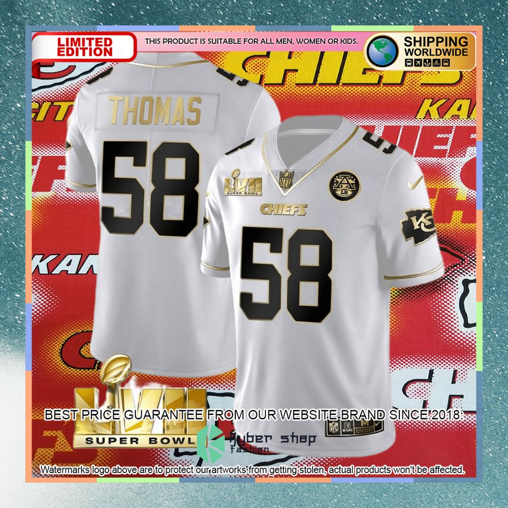 Derrick Thomas 58 Super Bowl LVII Kansas City Chiefs White GOLD Football Jersey 4 derrick thomas 58 super bowl lvii kansas city chiefs white gold football jersey 2 50