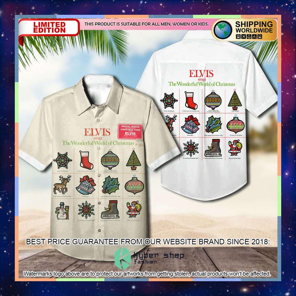Elvis Presley Elvis Sings The Wonderful World Of Christmas Album Hawaiian Shirt 3 elvis presley elvis sings the wonderful world of christmas album hawaiian shirt 1 79