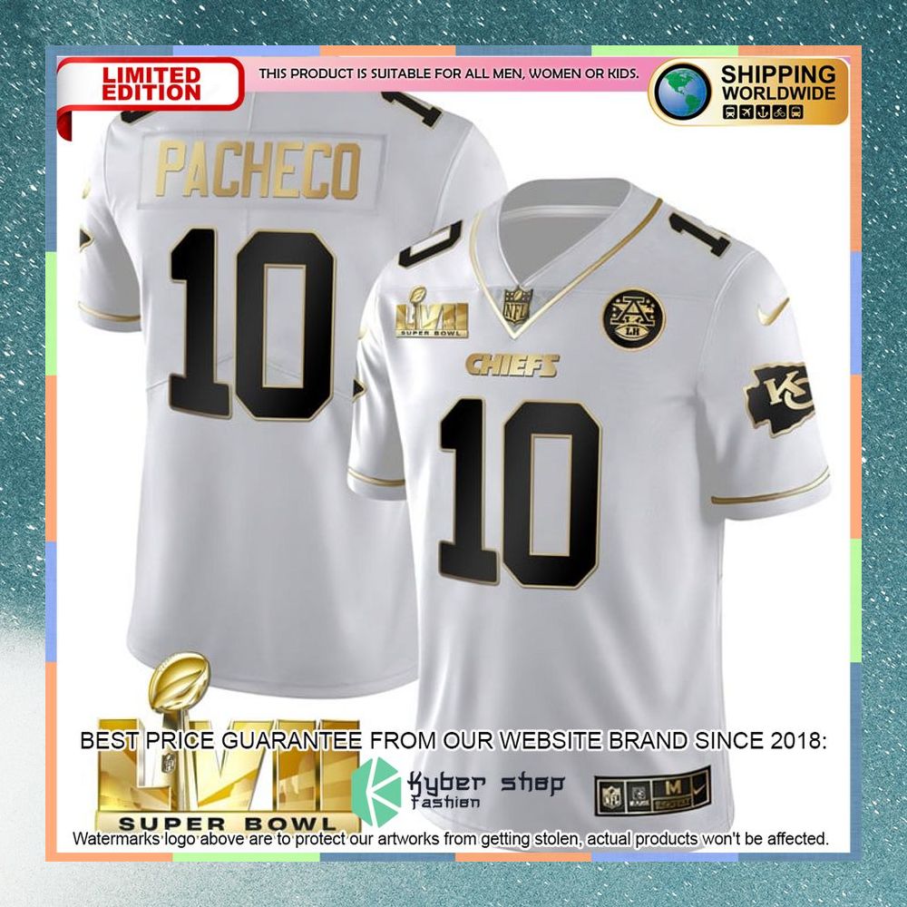 Isiah Pacheco 10 Super Bowl LVII Kansas City Chiefs White GOLD Football Jersey 3 isiah pacheco 10 super bowl lvii kansas city chiefs white gold football jersey 1 122