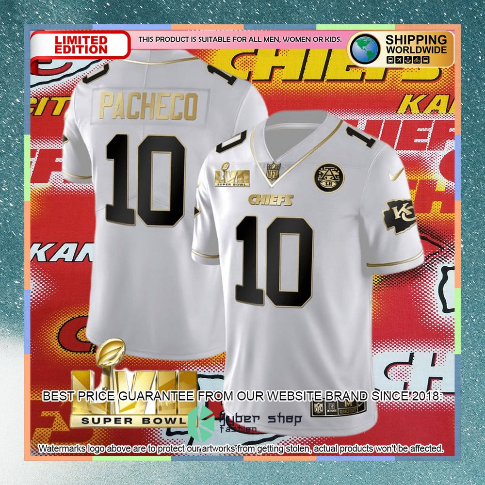 Isiah Pacheco 10 Super Bowl LVII Kansas City Chiefs White GOLD Football Jersey 4 isiah pacheco 10 super bowl lvii kansas city chiefs white gold football jersey 2 819