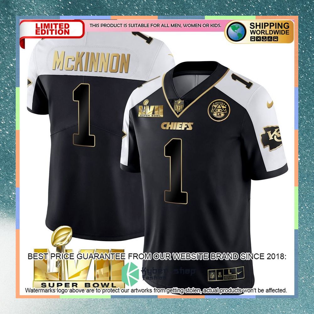Jerick McKinnon 1 Super Bowl LVII Kansas City Chiefs Black White Alternate Football Jersey 3 jerick mckinnon 1 super bowl lvii kansas city chiefs black white alternate football jersey 1 263