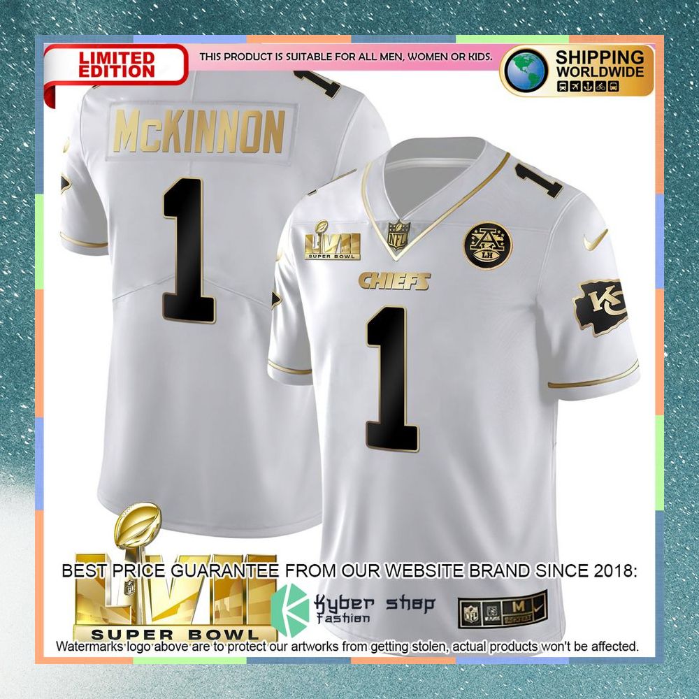Jerick McKinnon 1 Super Bowl LVII Kansas City Chiefs White GOLD Football Jersey 3 jerick mckinnon 1 super bowl lvii kansas city chiefs white gold football jersey 1 919