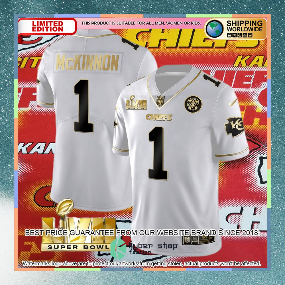 Jerick McKinnon 1 Super Bowl LVII Kansas City Chiefs White GOLD Football Jersey 4 jerick mckinnon 1 super bowl lvii kansas city chiefs white gold football jersey 2 278