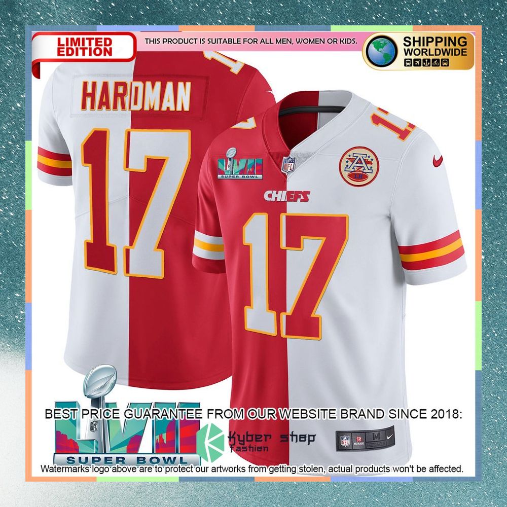 Mecole Hardman 17 Super Bowl LVII Kansas City Chiefs Red White Split Football Jersey 3 mecole hardman 17 super bowl lvii kansas city chiefs red white split football jersey 1 960