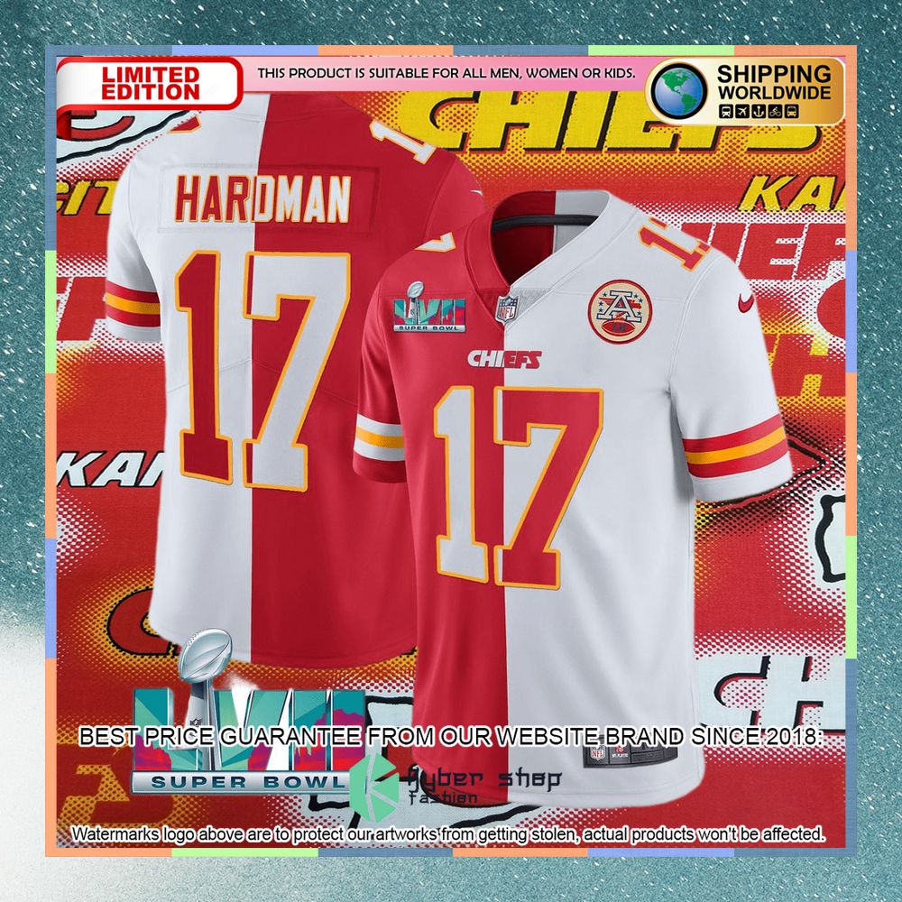 Mecole Hardman 17 Super Bowl LVII Kansas City Chiefs Red White Split Football Jersey 4 mecole hardman 17 super bowl lvii kansas city chiefs red white split football jersey 2 492
