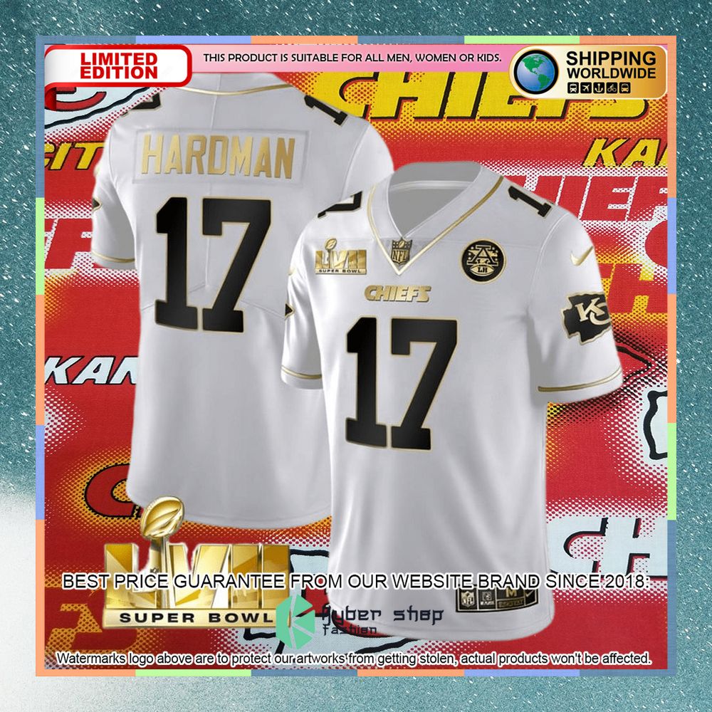 Mecole Hardman 17 Super Bowl LVII Kansas City Chiefs White GOLD Football Jersey 4 mecole hardman 17 super bowl lvii kansas city chiefs white gold football jersey 2 69