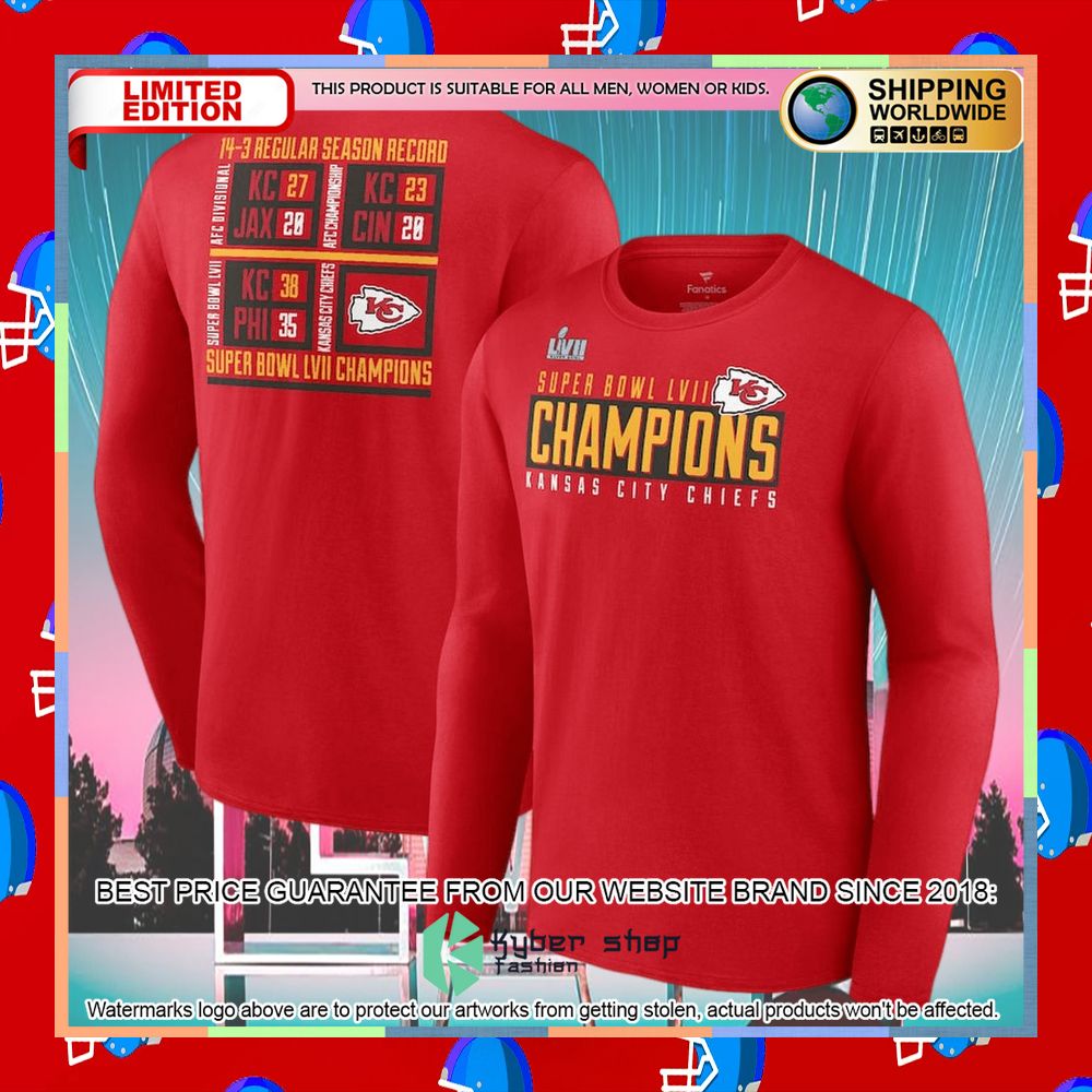 Men's Kansas City Chiefs Red Super Bowl LVII Champions Scoreboard Showcase Long Sleeve T-Shirt 4 Men's Kansas City Chiefs Red Super Bowl LVII Champions Scoreboard Showcase Long Sleeve T-Shirt word3