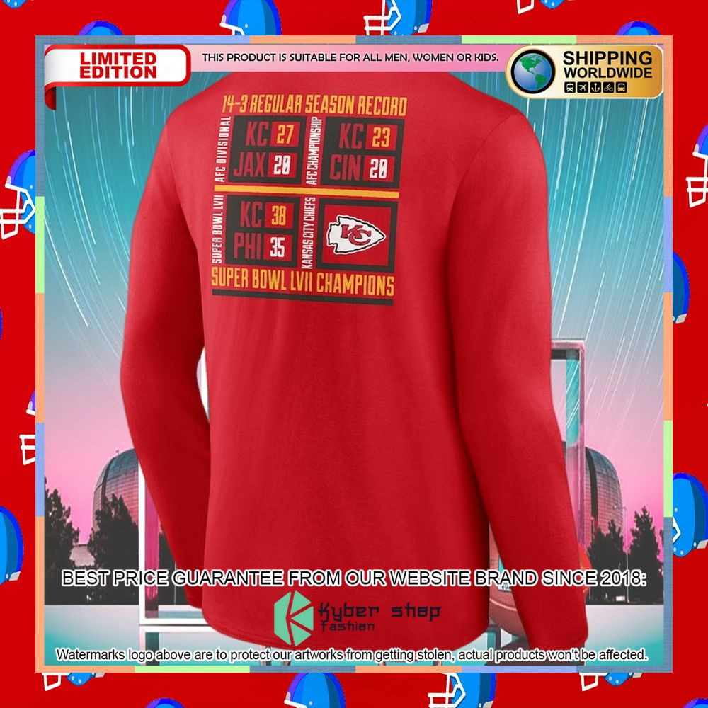Men's Kansas City Chiefs Red Super Bowl LVII Champions Scoreboard Showcase Long Sleeve T-Shirt 6 Men's Kansas City Chiefs Red Super Bowl LVII Champions Scoreboard Showcase Long Sleeve T-Shirt word3
