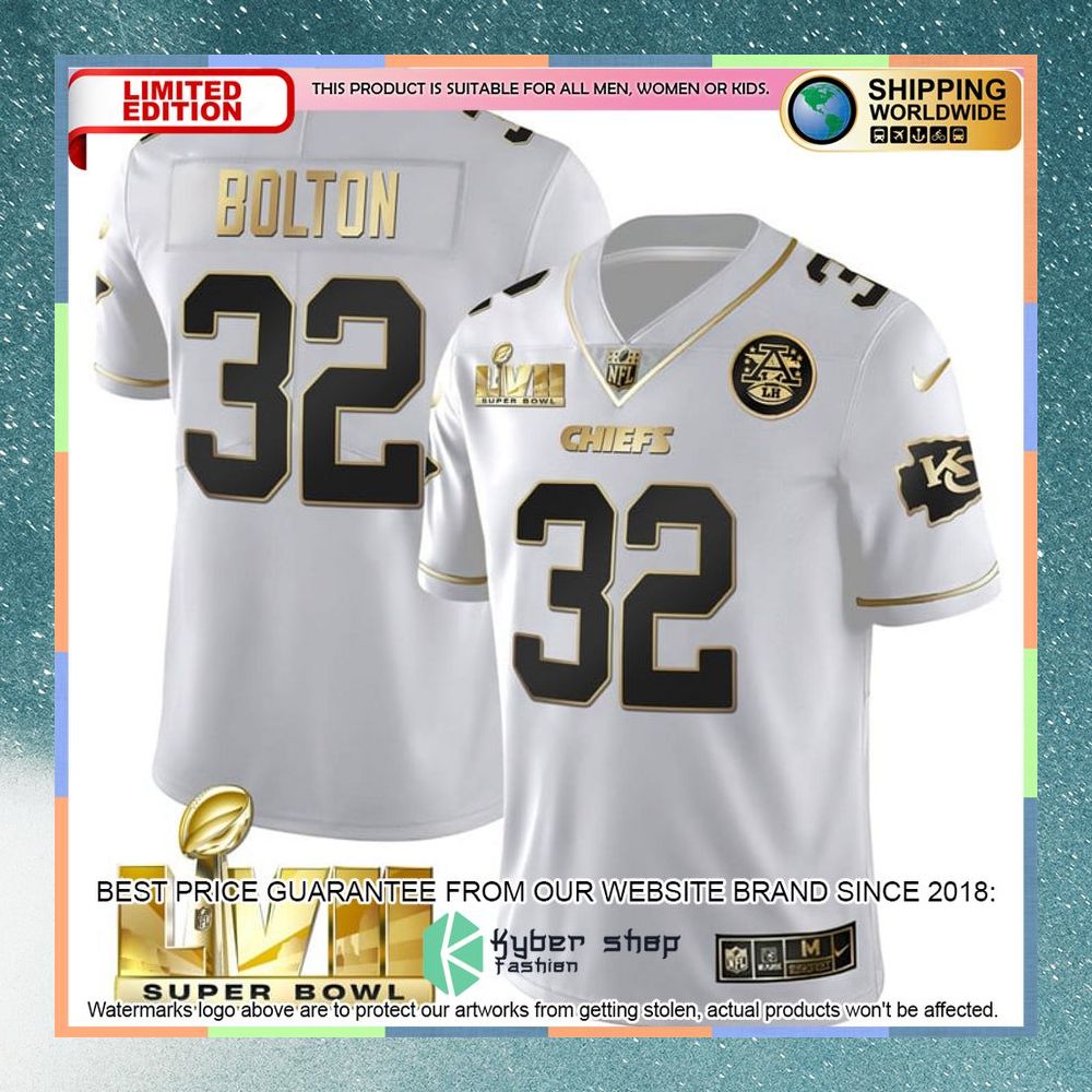 Nick Bolton 32 Super Bowl LVII Kansas City Chiefs White GOLD Football Jersey 3 nick bolton 32 super bowl lvii kansas city chiefs white gold football jersey 1 282