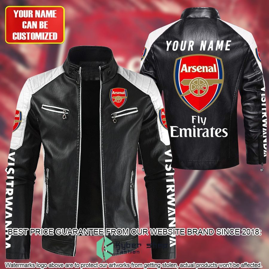 personaziled arsenal fc fly emirates white color motor block leather jacket 1 698
