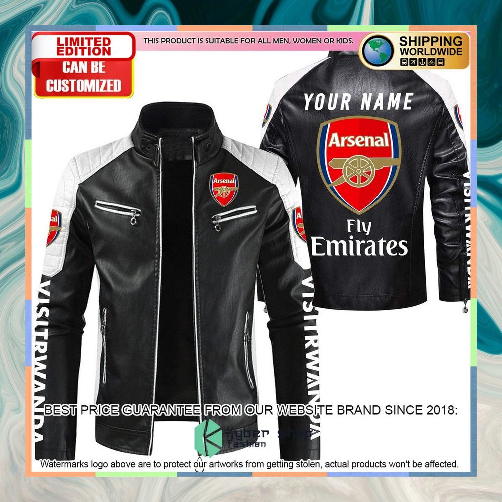 Personaziled Arsenal FC Fly Emirates white Color Motor Block Leather Jacket 6 personaziled arsenal fc fly emirates white color motor block leather jacket 2 329