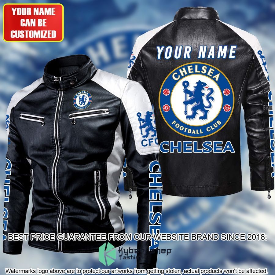 personaziled chelsea fc logo white color motor block leather jacket 1 705