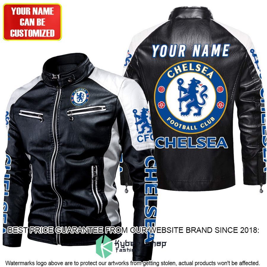 personaziled chelsea fc logo white color motor block leather jacket 2 180