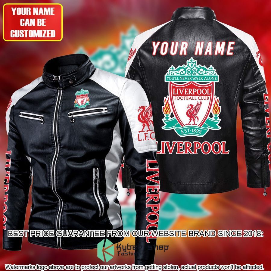 personaziled liverpool fc logo white color motor block leather jacket 1 757