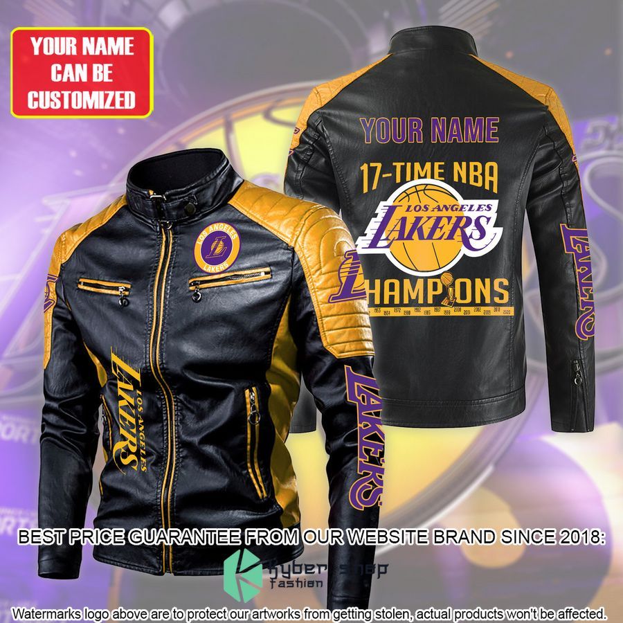 personaziled los angeles lakers 17 time nba champions color motor block leather jacket 1 705