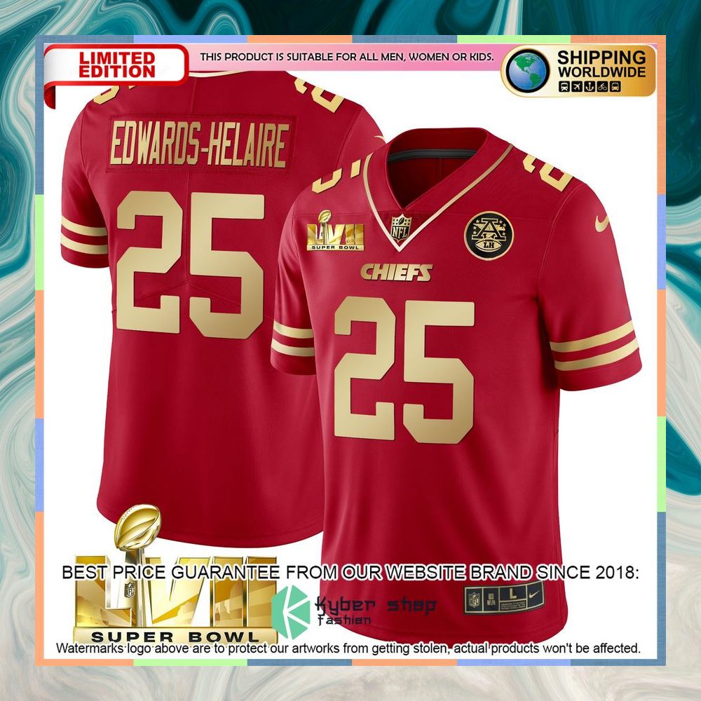 Red Gold SUPER BOWL LVII Edwards-Helaire 25 Football Jersey 3 red gold super bowl lvii edwards helaire 25 football jersey 1 816