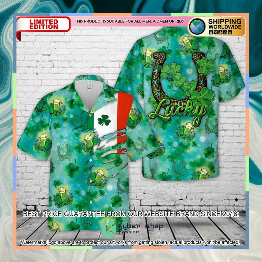 Republic of Ireland Saint Patrick's Day Lucky Shamrock Horseshoe & Beer Hawaiian Shirt 3 Republic of Ireland Saint Patrick's Day Lucky Shamrock Horseshoe & Beer Hawaiian Shirt word2