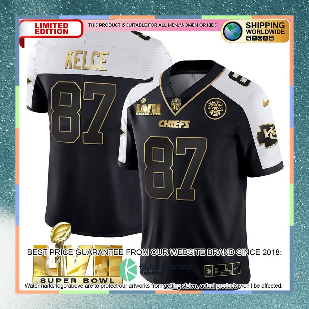Travis Kelce 87 Super Bowl LVII Kansas City Chiefs Black White Alternate Football Jersey 3 travis kelce 87 super bowl lvii kansas city chiefs black white alternate football jersey 1 574