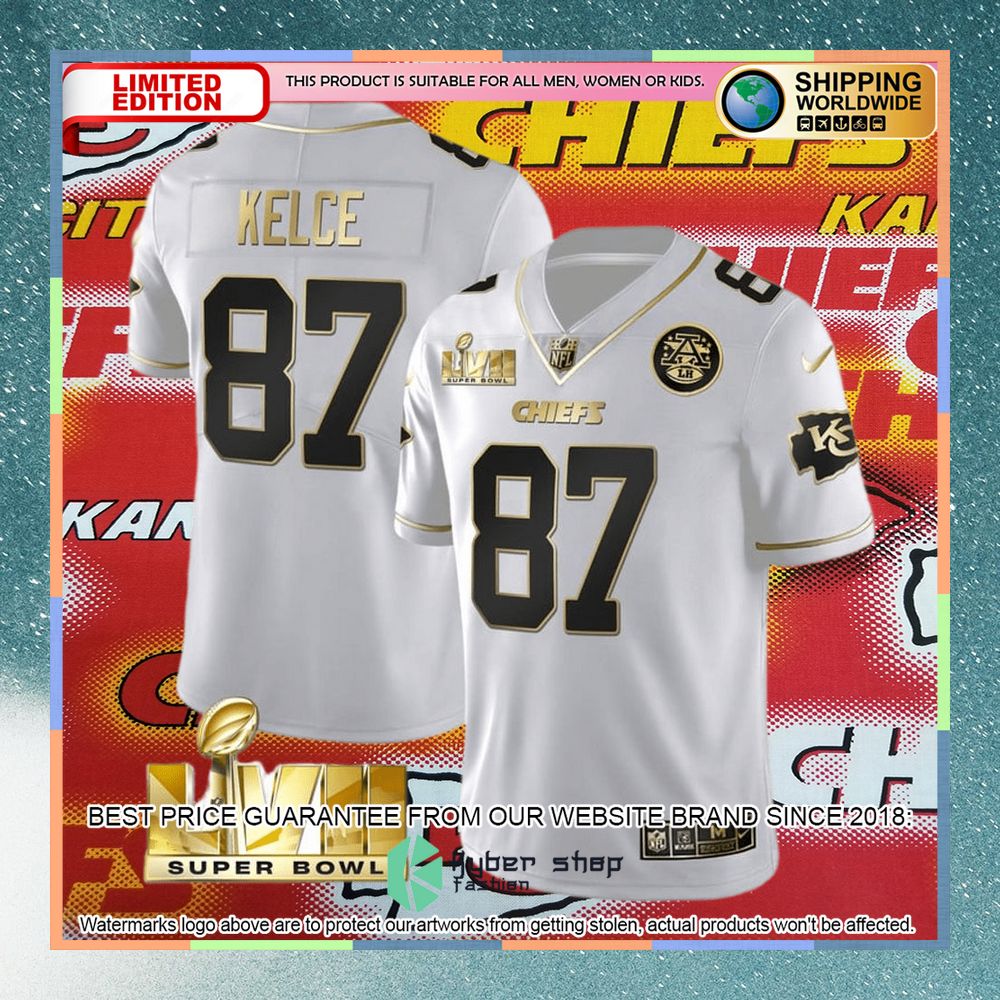 Travis Kelce 87 Super Bowl LVII Kansas City Chiefs White GOLD Football Jersey 4 travis kelce 87 super bowl lvii kansas city chiefs white gold football jersey 2 892