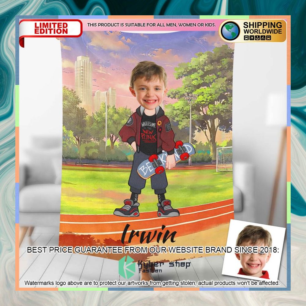 Custom Photo Cool Boy With Skateboard Blanket 3 custom photo cool boy with skateboard blanket 1 277