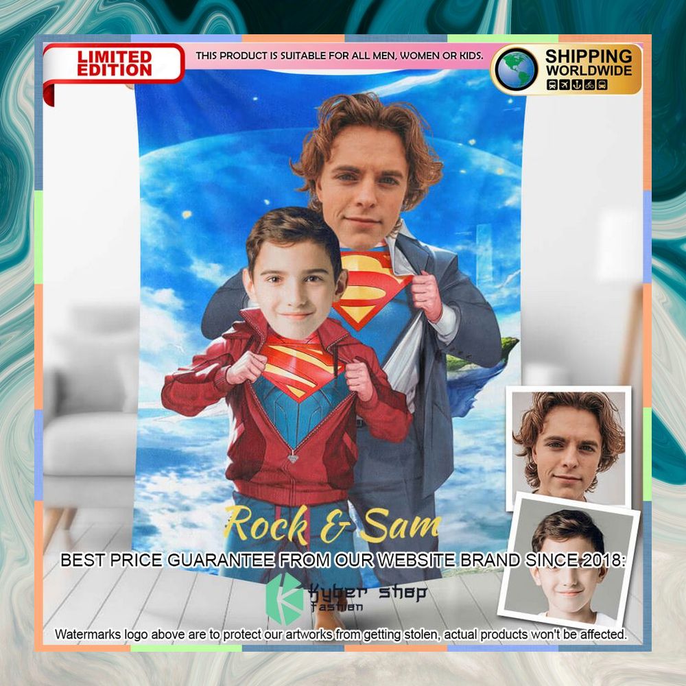 Custom Photo Super Father And Super Son Style Blanket 3 custom photo super father and super son style blanket 1 821