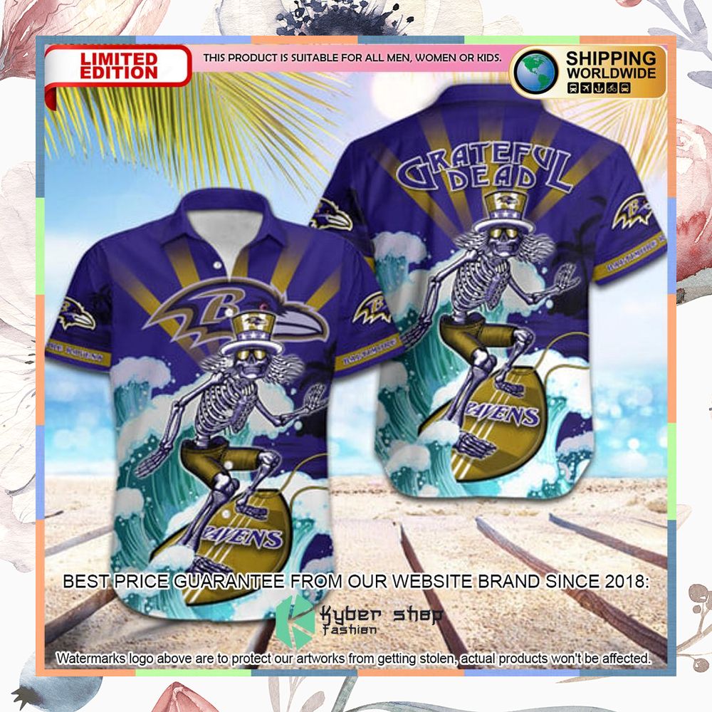 nfl baltimore ravens grateful dead skull surfing hawaiian shirt 1 849