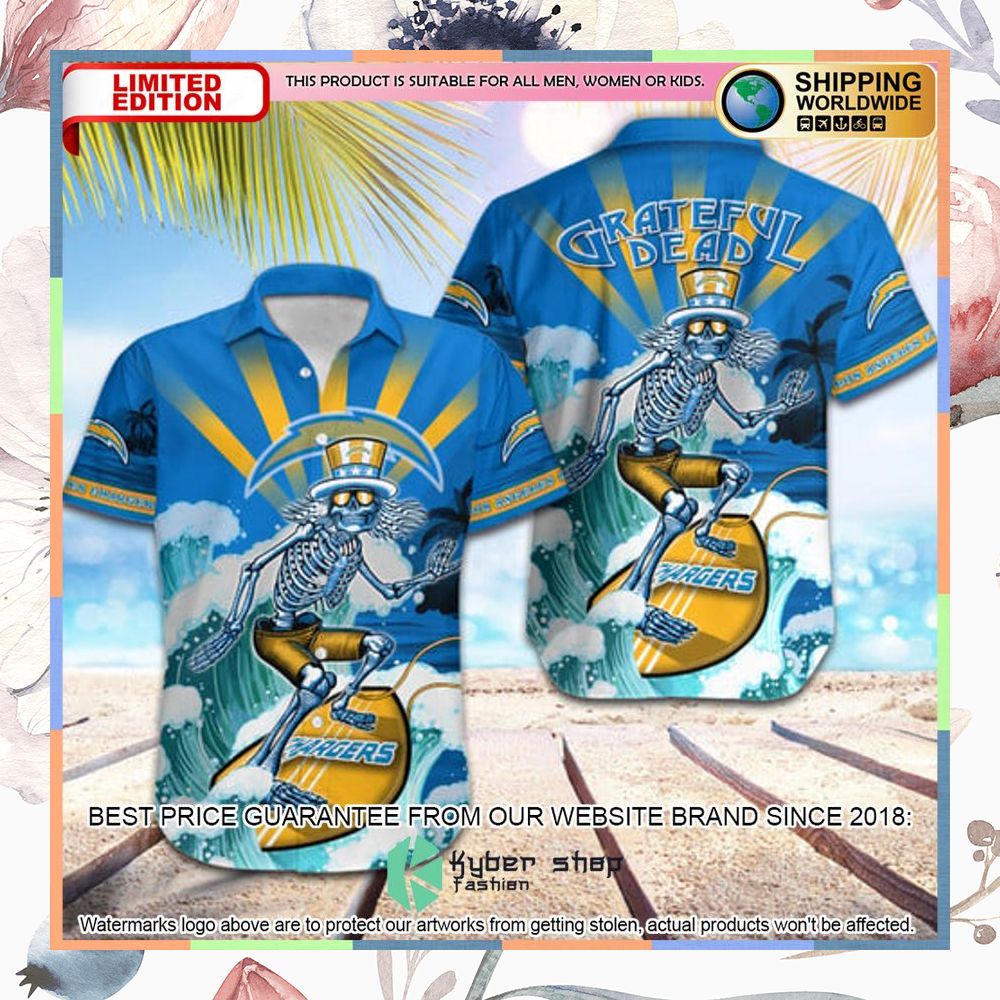 nfl los angeles chargers grateful dead skull surfing hawaiian shirt 1 581