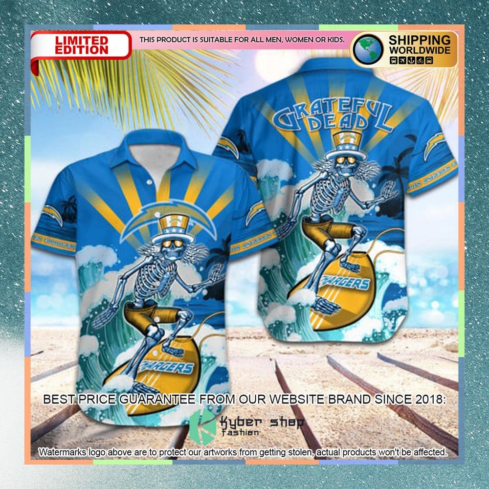 NFL Los Angeles Chargers Grateful Dead Skull Surfing Hawaiian Shirt 3 nfl los angeles chargers grateful dead skull surfing hawaiian shirt 1 975