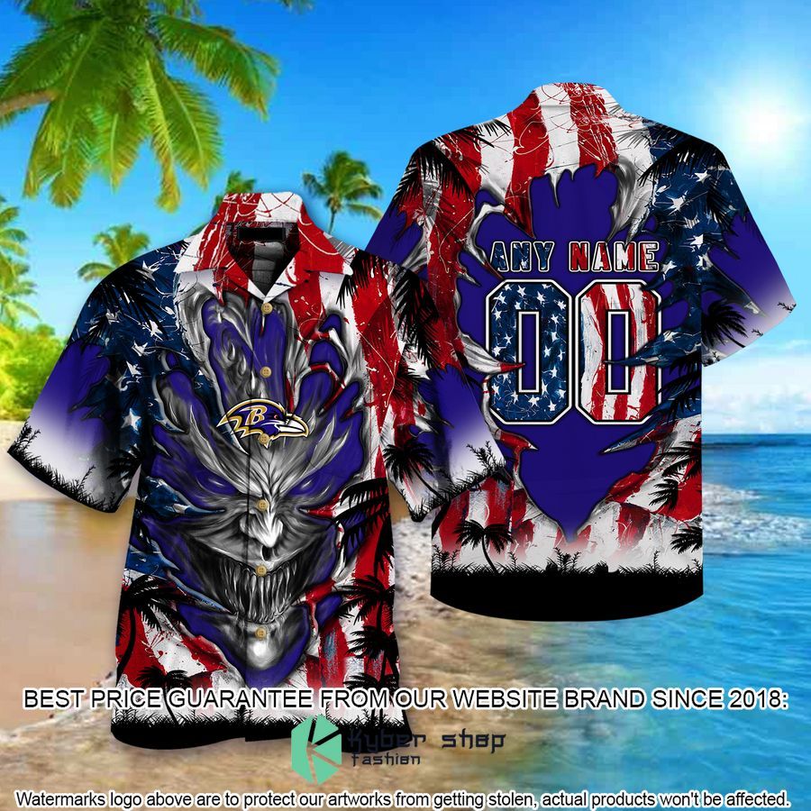 personalized baltimore ravens us flag demon face hawaiian shirt 1 880