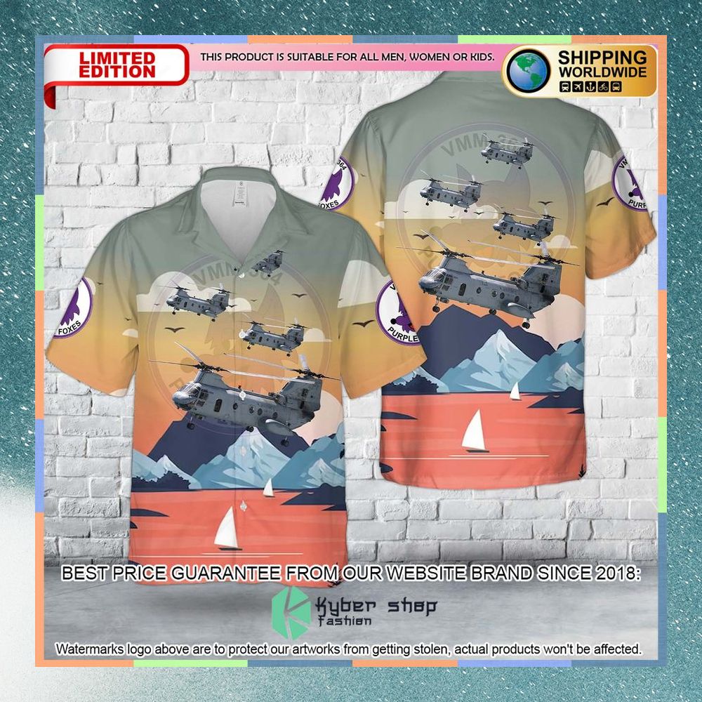 us marine corps ch 46 sea knight of hmm 364 purple foxes hawaiian shirt 1 896
