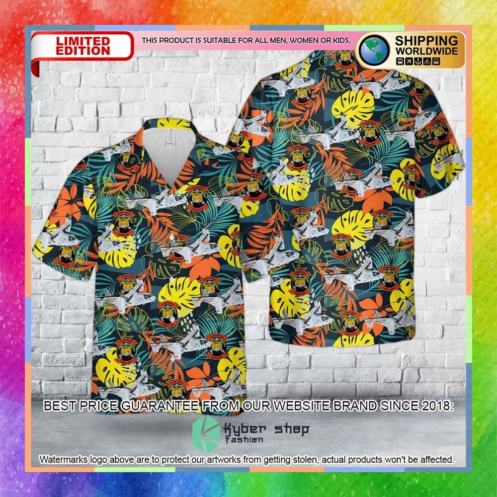 US Marine Corps MV 22B Osprey Of HMS 262 Flying Tigers Hawaiian Shirt 3 us marine corps mv 22b osprey of hms 262 flying tigers hawaiian shirt 1 350