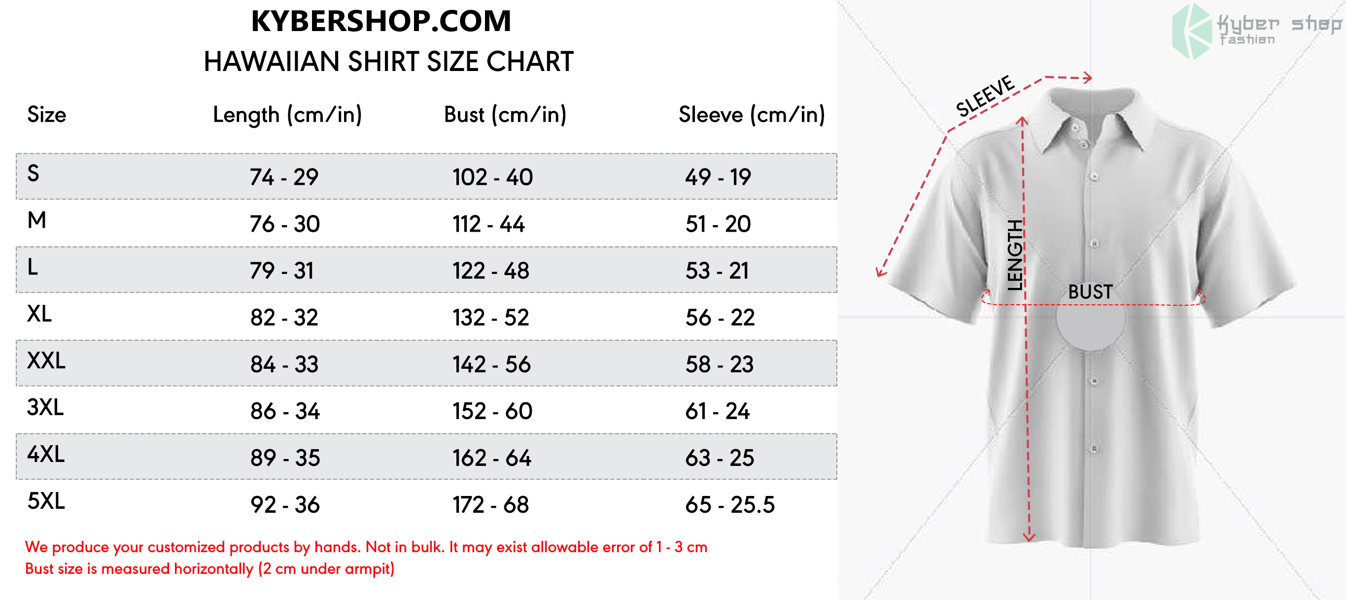 Hawaiian Shirt Size Chart Kybershop