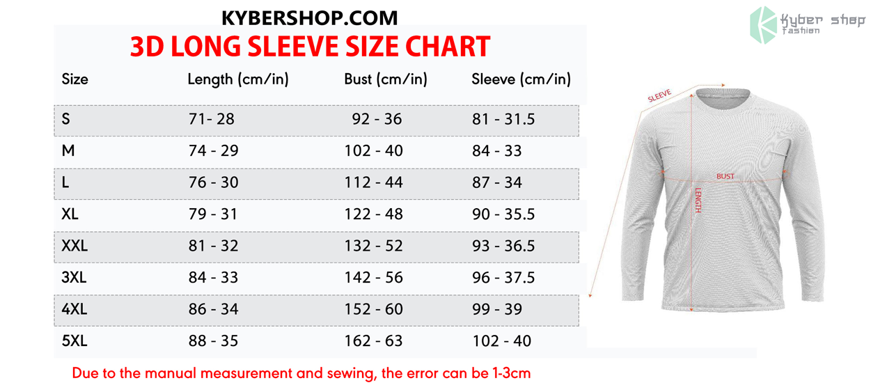 Long Sleeve Size Chart Kybershop