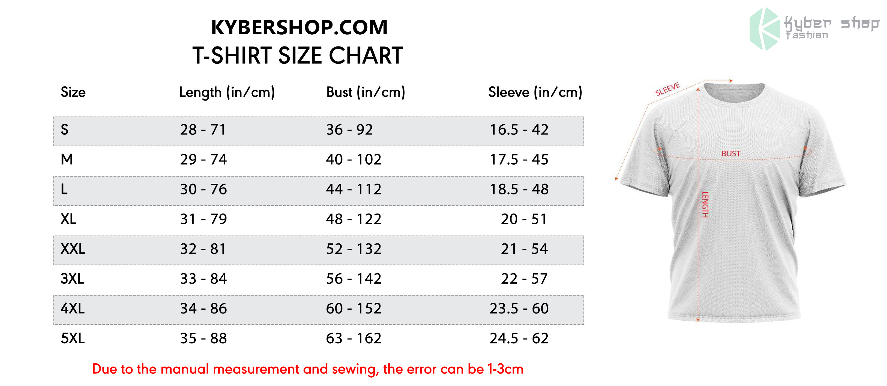 T Shirt Size Chart Kybershop