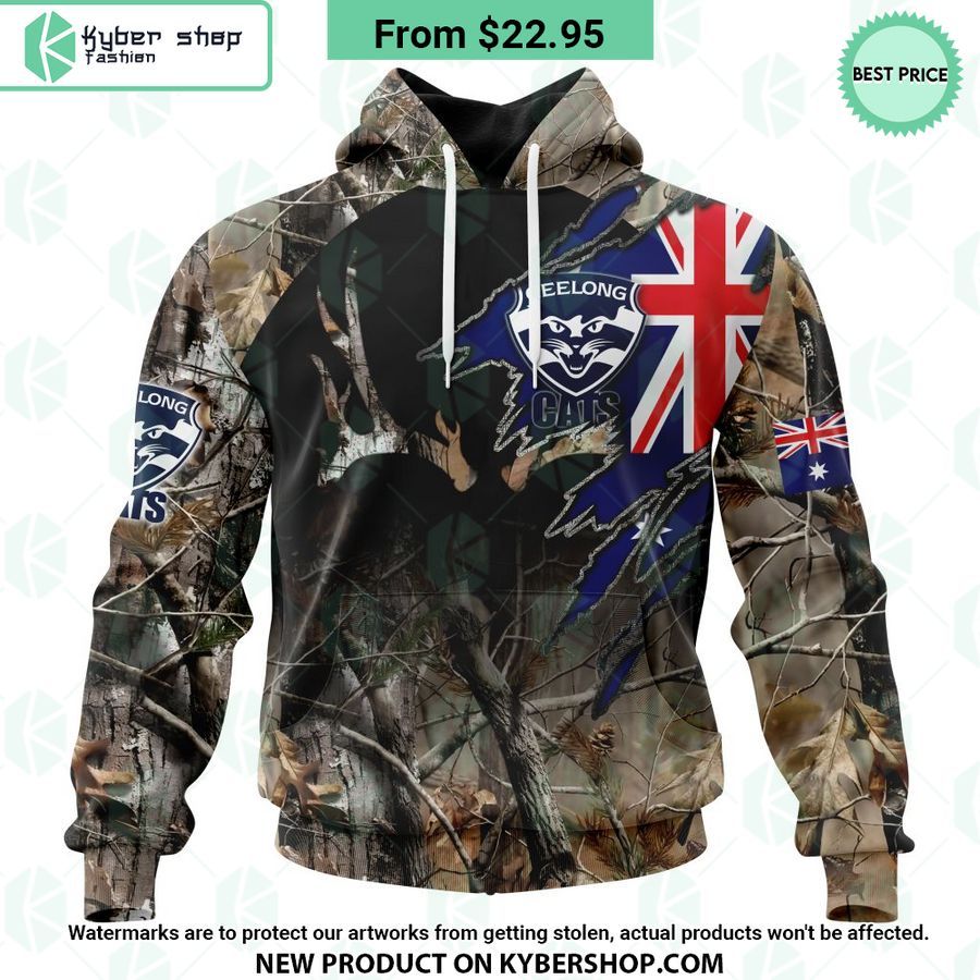 AFL Geelong Cats Camo Realtree Hunting Hoodie Natural and awesome