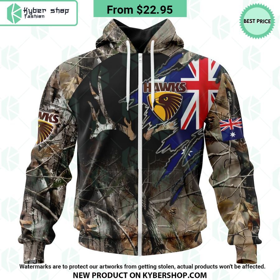 AFL Hawthorn Football Club Camo Realtree Hunting Hoodie Stand easy bro