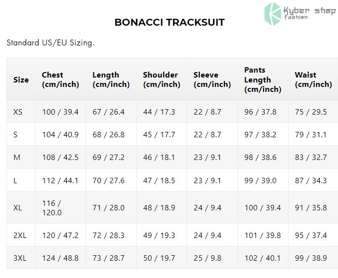 bonacci tracksuit Size Chart Kybershop