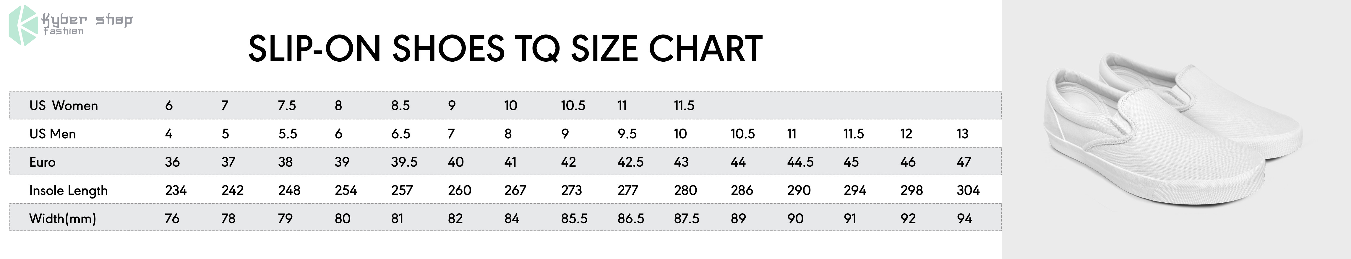 Slip On Shoes Size Chart Kybershop