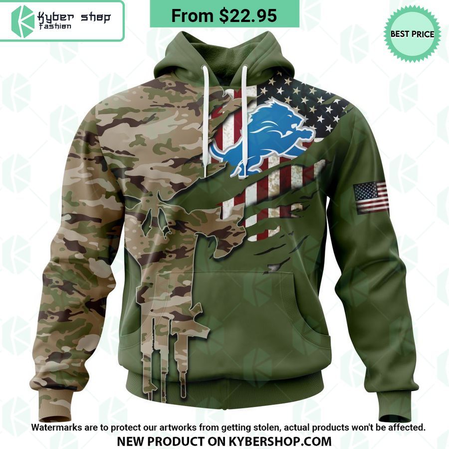 Detroit Lions Camo Punisher Skull Veterans Day Hoodie Awesome Pic guys