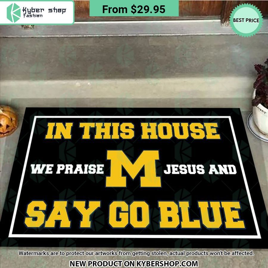 Michigan Wolverines In This House We Praise Jesus And Say Go Blue Doormat Word3